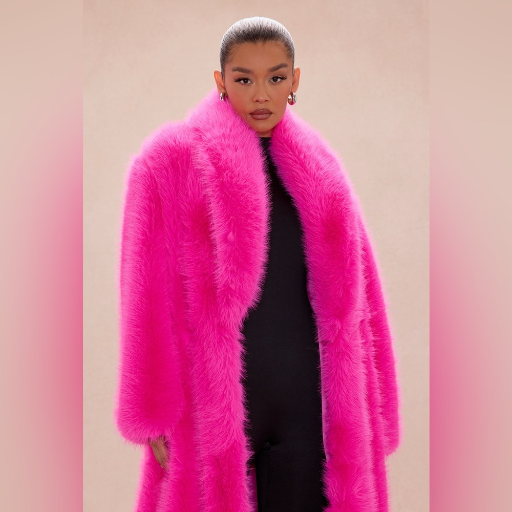 NWT Hot Pink Fuchsia Faux Fur Oversized Coat - Women's Statement Jacket L - Picture 2 of 5